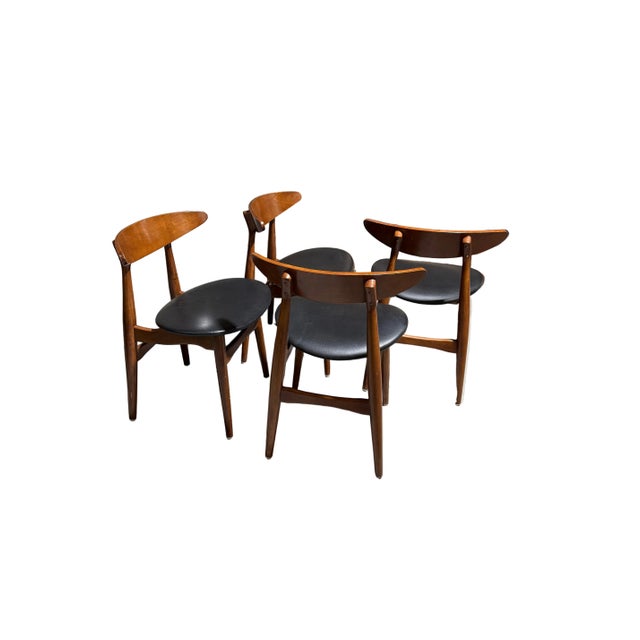 Vintage Set of 4 Greta Dining Chairs in Teak Wood and Black Leather For Sale - Image 4 of 9