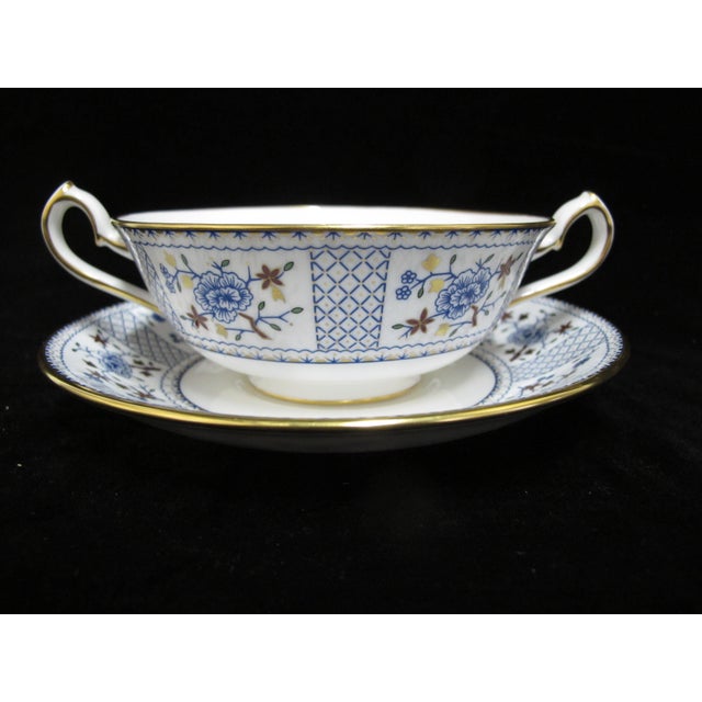 Traditional Royal Crown Derby Bone China Flower Mandarin Blue Cream Soup Bowl Cup & Saucer For Sale - Image 3 of 7