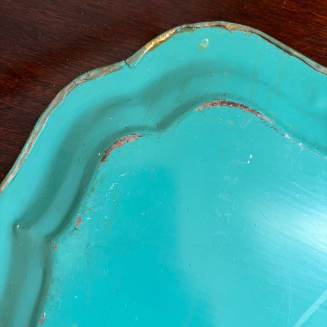 Early-20th Century Hand-Painted Teal & Gold Tole Serving Tray For Sale - Image 17 of 17