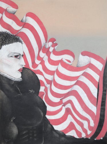 Woman in Elizabethan Collar With Flag, Jon Robyn Paintings