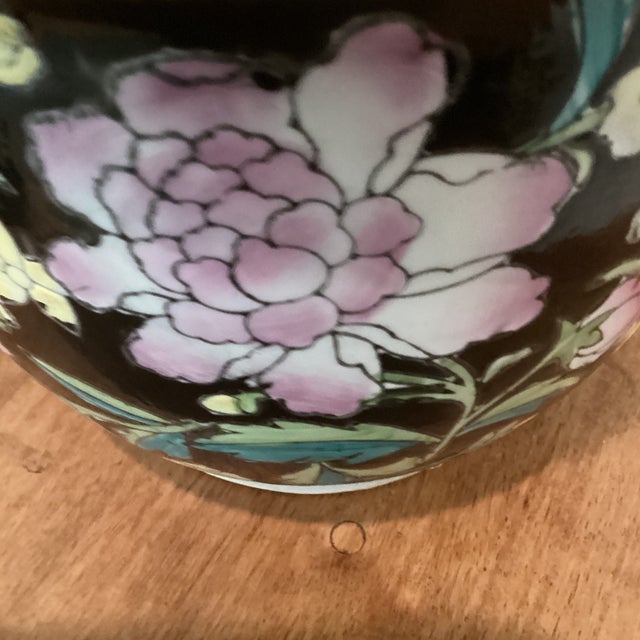 Vintage Chinese Hand Painted Family Noire Porcelain Jardiniere/Cachepot For Sale - Image 10 of 12