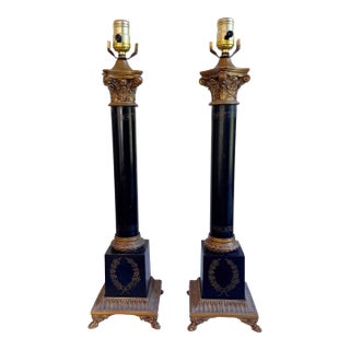 Vintage Stiffel Neoclassical Column Black & Gilt Column Table Lamps - a Pair For Sale