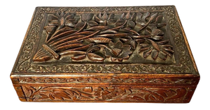Antique Victorian Carved Oak Heraldic Box with Rose and Thistle, 1880