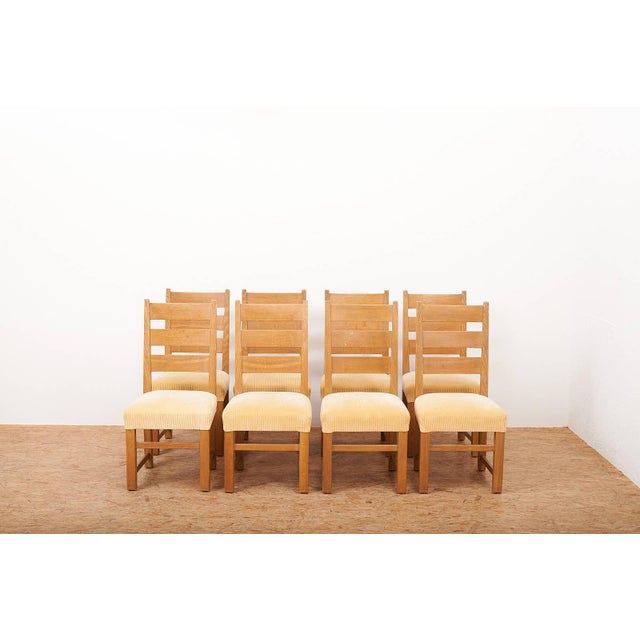 Chairs in Oak in Yellow Corduroy Fabric by Anliker Langenthal, 1960s, Set of 8, in Good conditions. Designed 1960 to 1969...