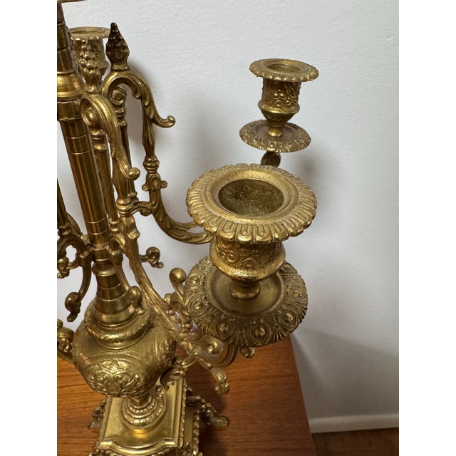 1920s Large Pair of French Rococo Revival 6-Light Gilt Metal Candelabra, 24” Tall For Sale - Image 5 of 11