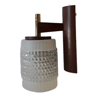Vintage Wall Lamp with Brass-trimmed Teak Mounting and Glass Shade with Burl Décor, 1960s For Sale