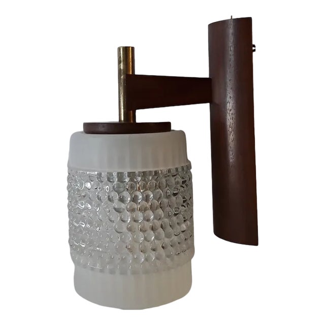 Vintage Wall Lamp with Brass-trimmed Teak Mounting and Glass Shade with Burl Décor, 1960s For Sale