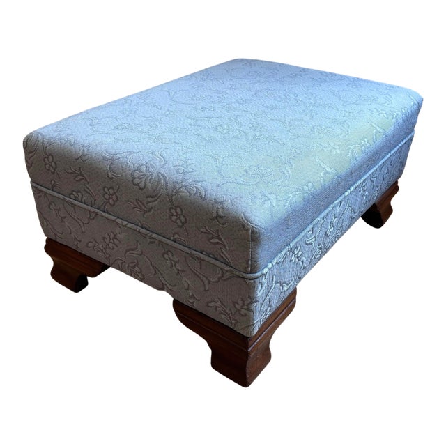 Mid 20th Century Biggs-Style Ottoman, Upholstered in Soft Blue Jacquard With Mahogany Base For Sale