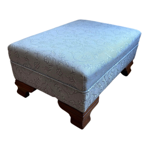 Mid 20th Century Biggs-Style Ottoman, Upholstered in Soft Blue Jacquard With Mahogany Base