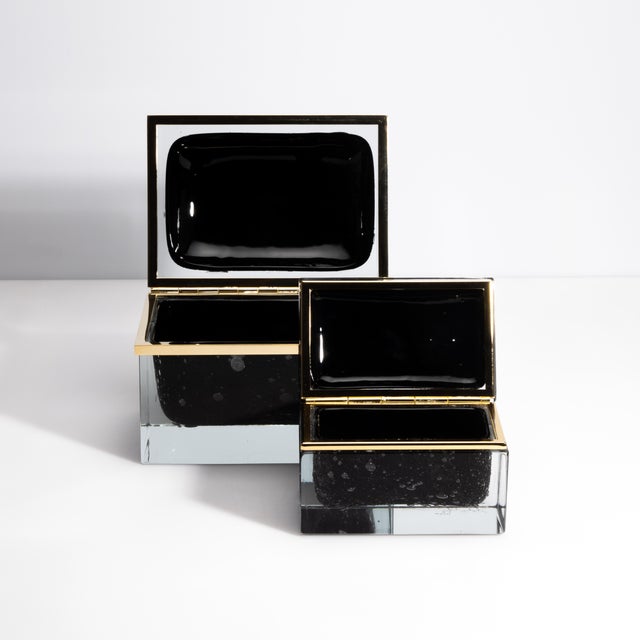 Hand Blown Murano Glass Box in Black With Bubbles and Brass Fittings For Sale - Image 11 of 12
