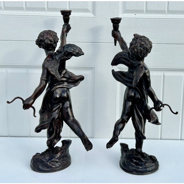 Bronze Vtg. Large Bronze Neo-Classic Style Cherub Candle Holders For Sale - Image 8 of 14