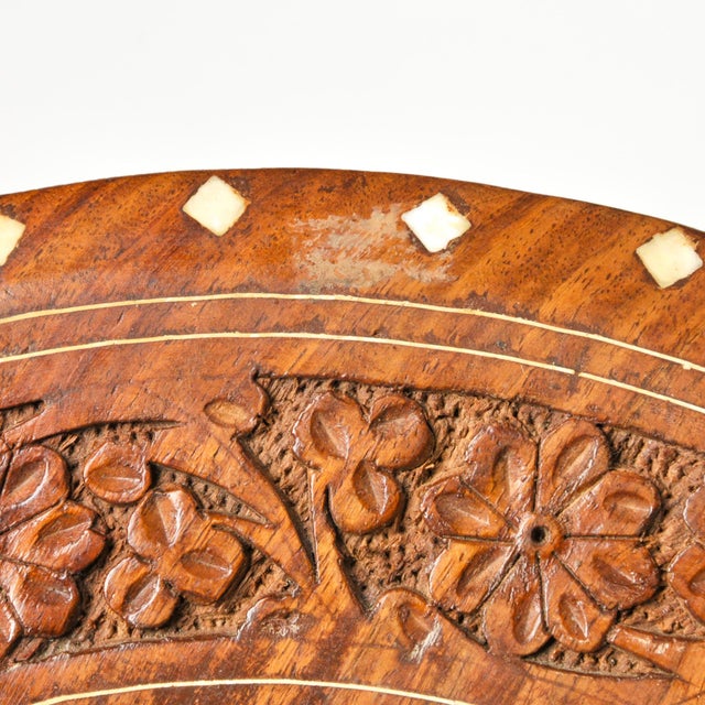 Vintage Floral Carved Inlay Table With Folding Legs 15" For Sale - Image 14 of 17