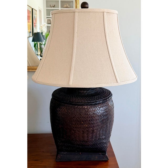 1990s Monumental Antique Rice Bin Woven Rattan Table Lamps by the Natural Light - a Pair For Sale - Image 4 of 12