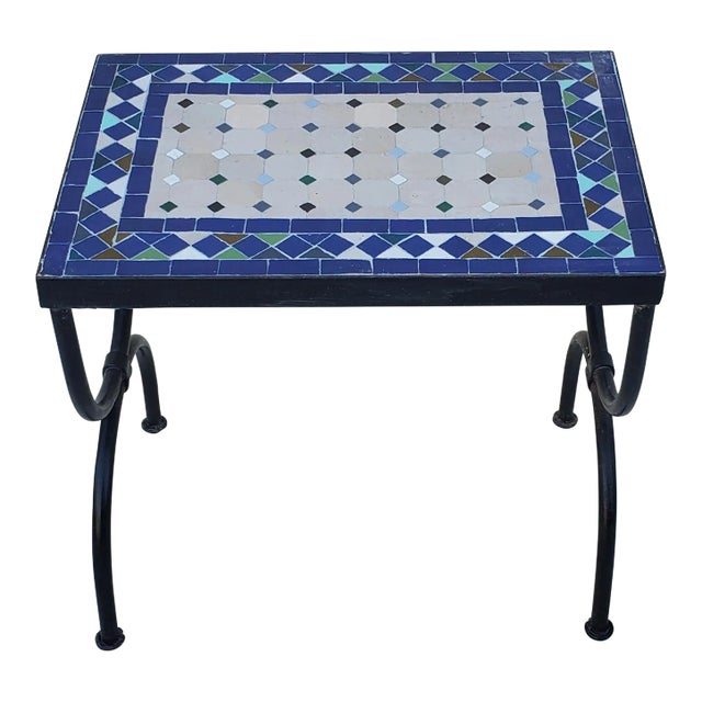 Handmade Moroccan White and Shades of Blues Mosaic Side Table, Rectangular For Sale