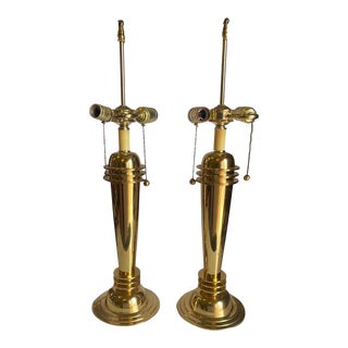 Pair of Two Vintage Woka Hetti Art Deco Revival Machine Age Table Lamps in Brass, Austria, Circa 1980 For Sale