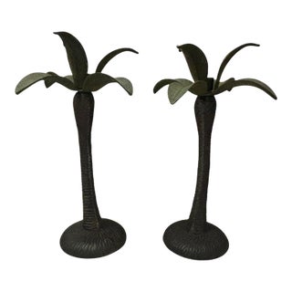 Vintage Bronze & Verdigris Palm Tree Candlesticks, a Pair For Sale