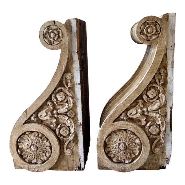Antique Georgian Wood Corbels Pair 33" Tall For Sale