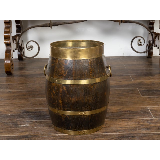 English English Turn of the Century Oak Barrel with Brass Braces, circa 1900 For Sale - Image 3 of 9