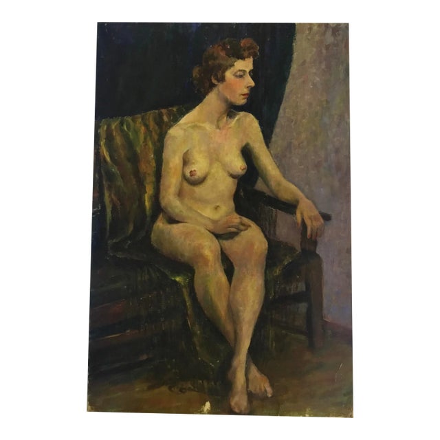 Vintage Painting - Full Length Portrait - Seated Female Nude - Oil on Canvas - Mid 20th C. For Sale