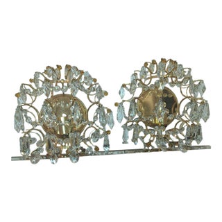 Luxe 1950's Hollywood Regency 24k Plate Frame Austrian Crystal 1/2 Orb Wall Sconces Attributed to Palwa a - Pair For Sale