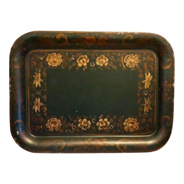 Statement Size Hand Painted Gilt Toleware Tray 28 Inches For Sale