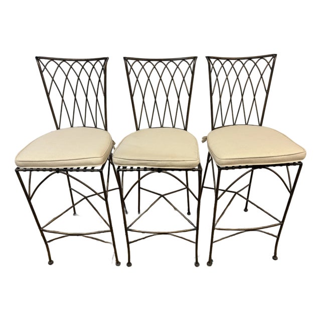Wrought Iron Bar Stools With Cushions, Set of Three For Sale