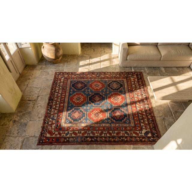 1880s Blue Geometric Tribal Antique Caucasian Kazak Rug Hand Knotted 4'3" X 6'2 Wool Carpet For Sale In New York - Image 6 of 7