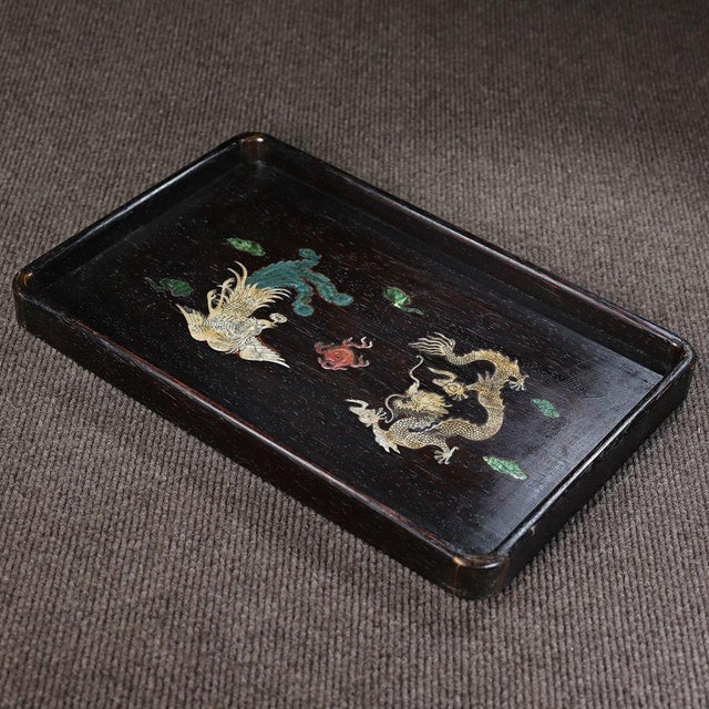 Wood Vintage Chinese Rosewood Tea Tray | Mother-of-Pearl Inlaid Dragon & Phoenix Motif For Sale - Image 7 of 9