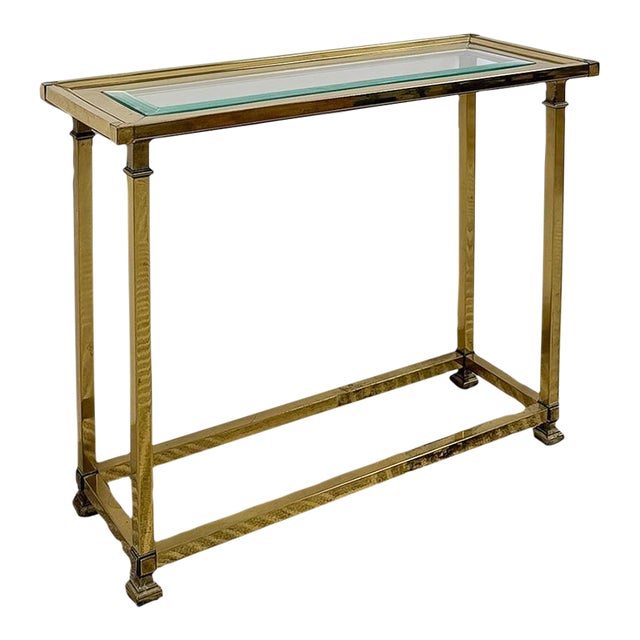 Vintage MCM Brass Console Table Glass Top Hollywood Regency Sofa Table Coastal For Sale