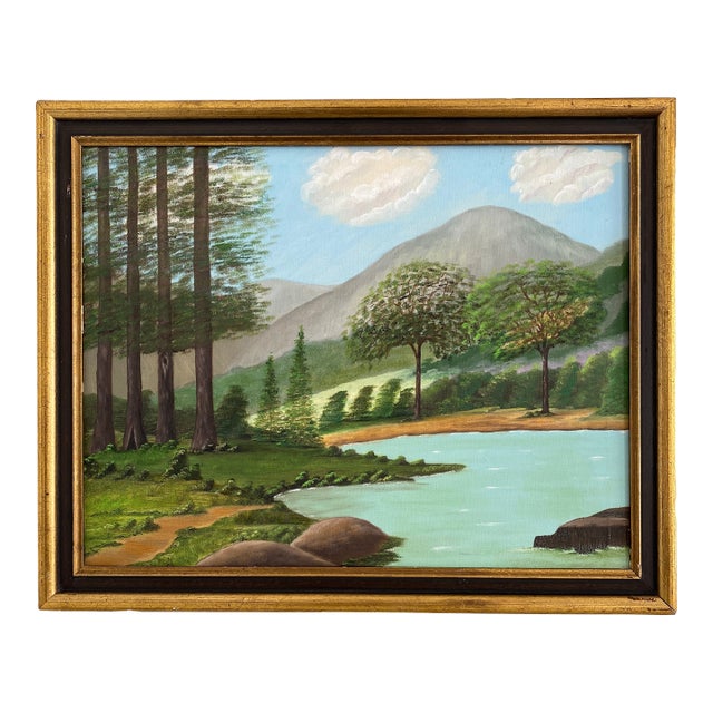 Vintage Folk Art Tranquil Landscape Oil on Canvas Framed Painting For Sale