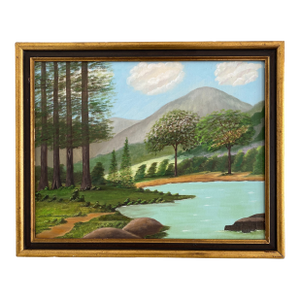 Vintage Folk Art Tranquil Landscape Oil on Canvas Framed Painting