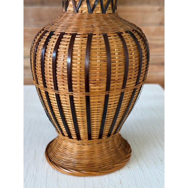 Vintage Boho Handmade Rattan & Ceramic Mixed-Material Vase For Sale In Naples, FL - Image 6 of 11