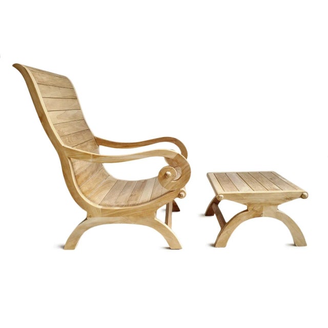 Transitional Outdoor Coastal Transitional Teak Scroll Arm Chair & Ottoman For Sale - Image 3 of 6