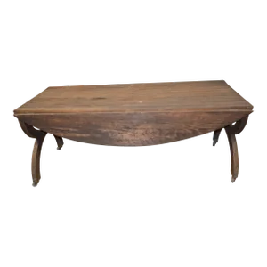 1930s Vintage Wooden Slat Top Farmhouse Dining Table W/Drop Leaves & Iron Loops - On Castors