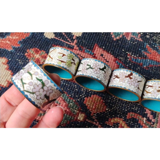 Vintage Chinese Cloisonne Napkin Rings Brass Enamel Butterfly & Flowers - Set of 6 For Sale - Image 4 of 7