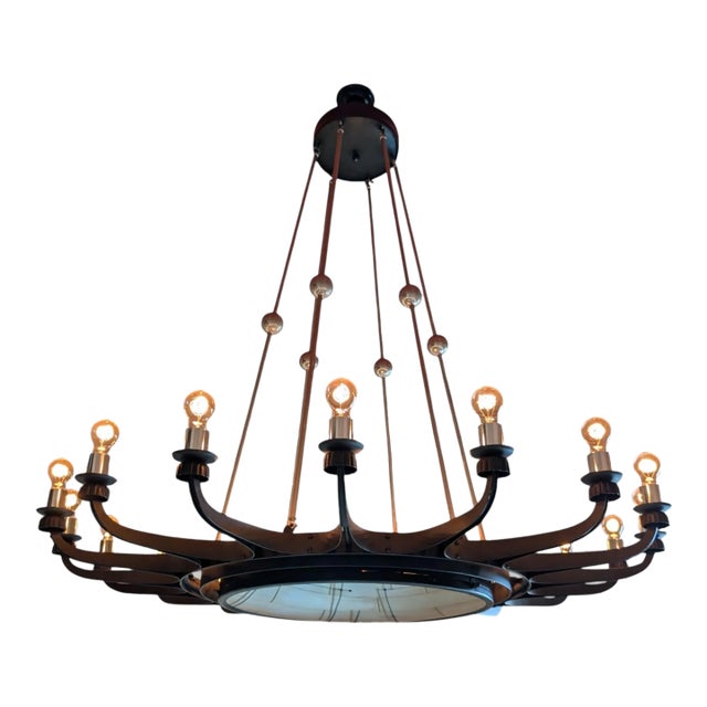 Vintage 18-Armed Dark Steel Chandelier With Convex Mirror For Sale