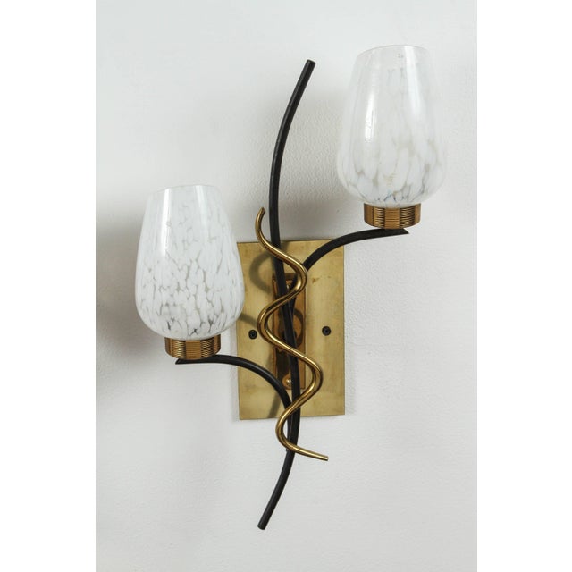 Pair of mid-century French sconces. Glass & Brass material. Newly rewired for 2 standard sockets, up to 75 watts.