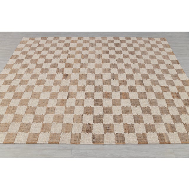 2.6x6Ft. Checkered Natural Wool Jute Ivory Hand Woven Premium Quality Rug For Sale - Image 6 of 13