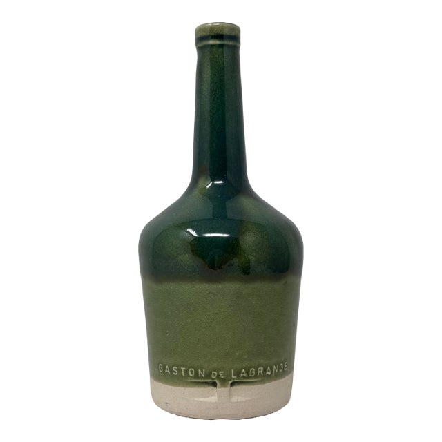 Vintage French Gaston De Lagrange Cognac Ceramic Bottle Green Glaze For Sale