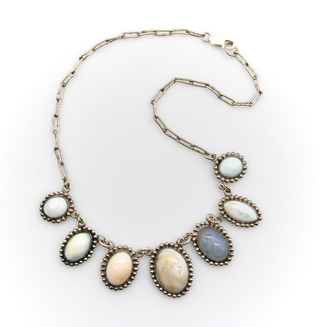 1930s Retro Taxco 980 Silver Graduated Opal Cabochon Necklace For Sale - Image 4 of 9
