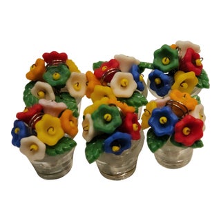 1930s Czech Glass Flower Pot Place Card Holders- Set of 6 For Sale