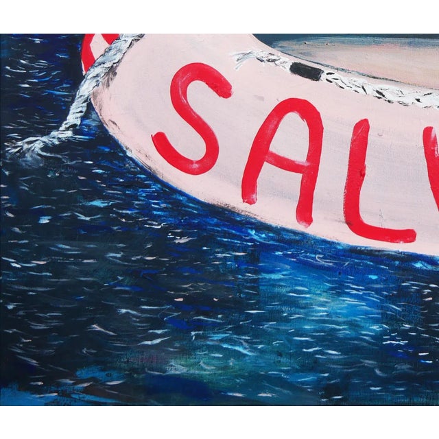 Contemporary 2022 "Salvame" Blue, Pink, and Red Abstract Contemporary Seascape Painting With Texts by Moisés Villafuerte For Sale - Image 3 of 9