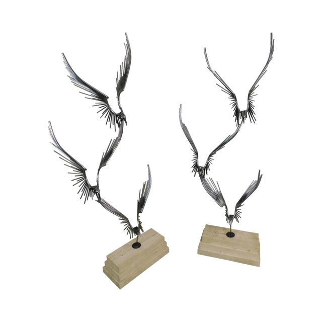 Curtis Jere "Birds in Flight" Large Metal Sculptures on Travertine Bases - a Pair For Sale