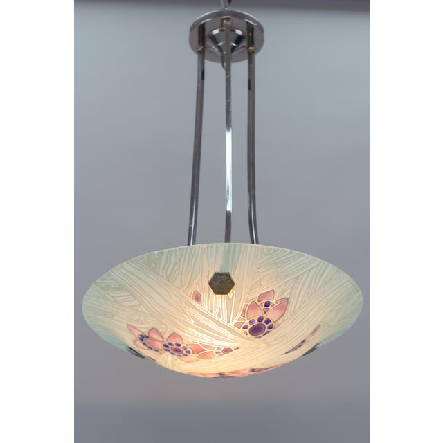 Art Deco French Floral Glass and Chrome Pendant Light from Loys Lucha, 1930s For Sale - Image 12 of 18