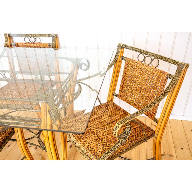 An eye-catchingly distinctive and very attractive artisan glass-top dining table and four armchairs in good vintage...