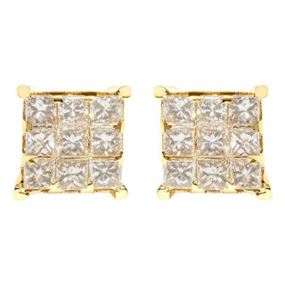 14K Yellow Gold 1 1/2 Cttw Invisible Set Princess-Cut Diamond 9 Stone Square Stud Earrings, A Pair For Sale