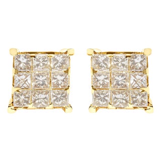 14K Yellow Gold 1 1/2 Cttw Invisible Set Princess-Cut Diamond 9 Stone Square Stud Earrings (J-K Color, SI2-I1 Clarity) For Sale
