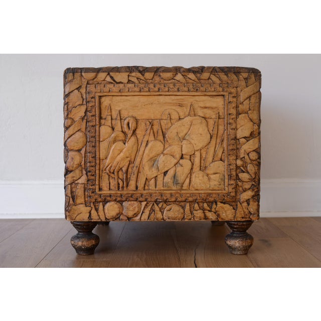 1940s Vintage Folk Art Camphor Chest With African Safari Theme Animal Carvings For Sale - Image 5 of 15
