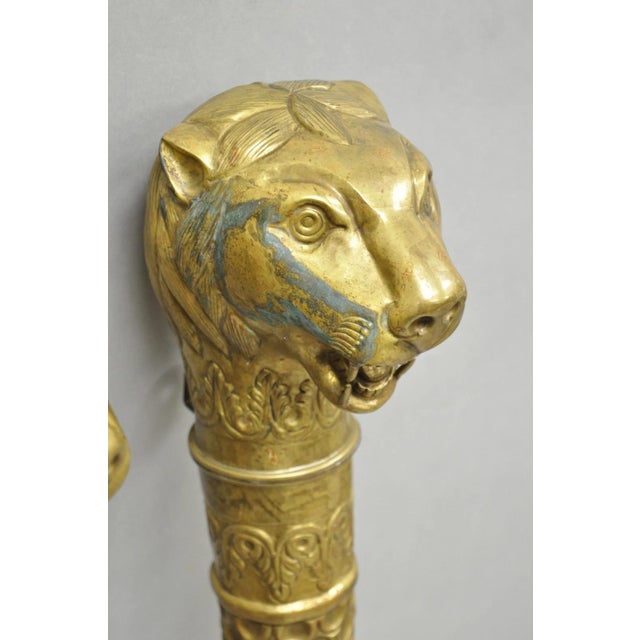 Metal Vintage Italian Regency Neoclassical Large Brass Lion Sconce Door Handles Pair For Sale - Image 7 of 17