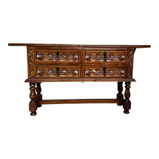Spanish Console Chest Table With Four Carved Drawers and Original Hardware For Sale